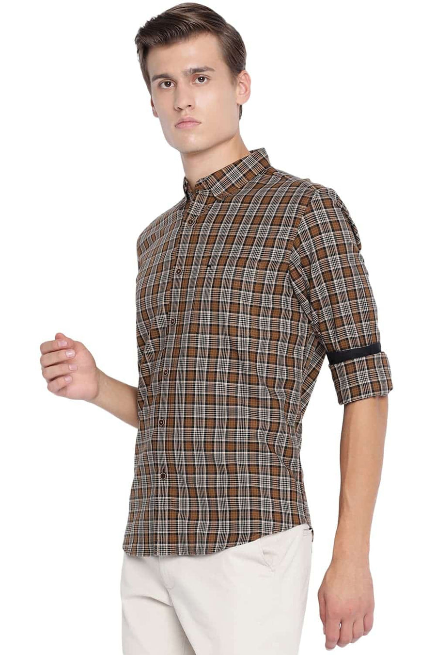 BASICS SLIM FIT CUMIN BROWN CHECKS SHIRT