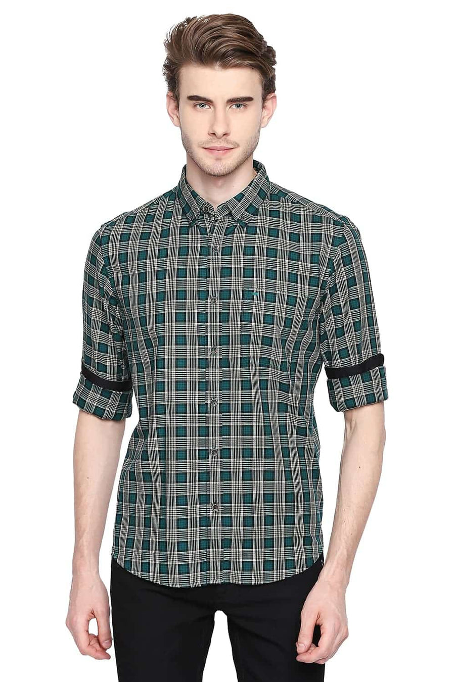 BASICS SLIM FIT ANTIQUE GREEN CHECKS SHIRT