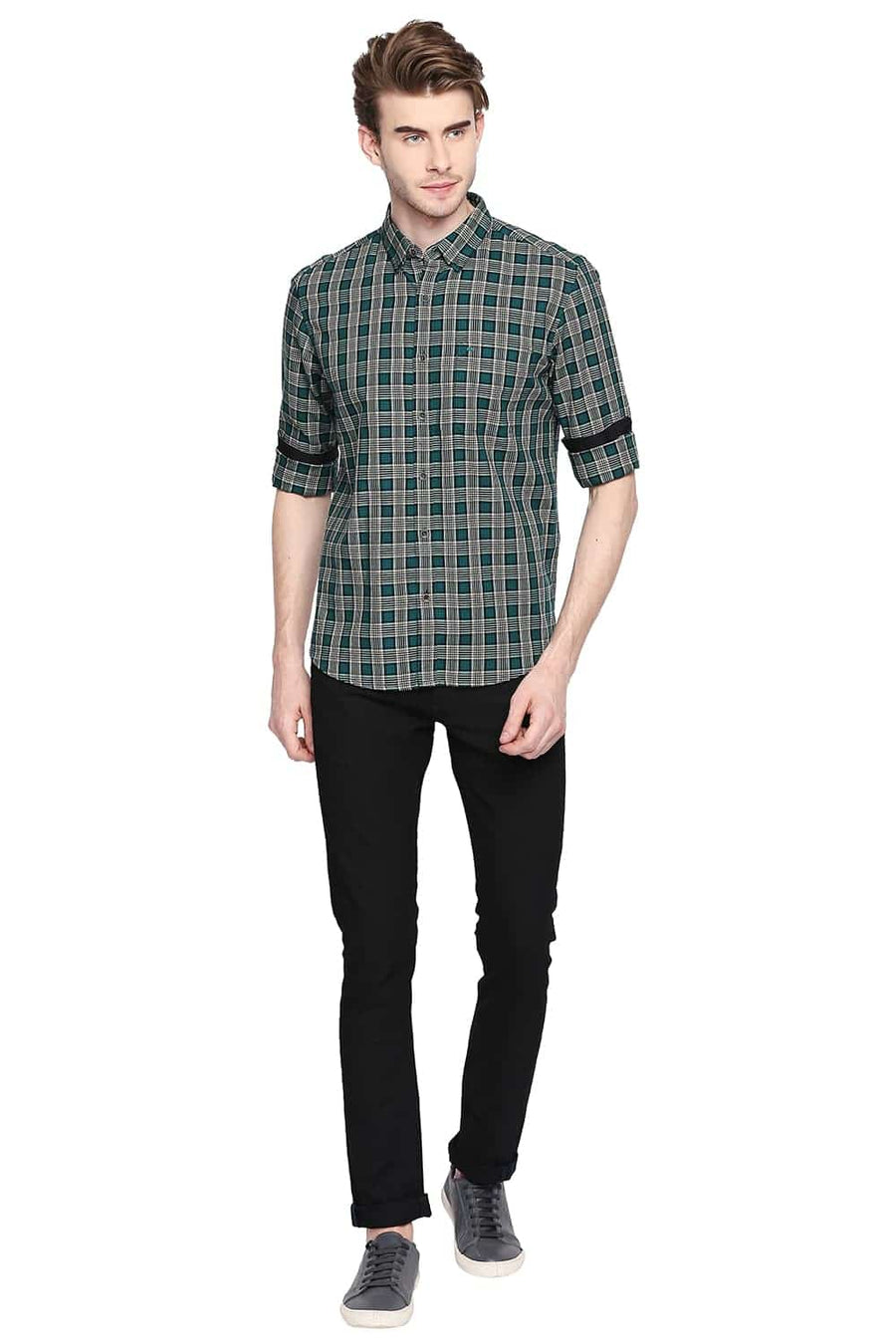 BASICS SLIM FIT ANTIQUE GREEN CHECKS SHIRT