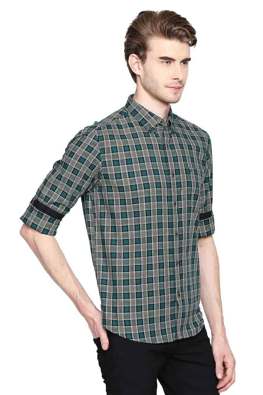 BASICS SLIM FIT ANTIQUE GREEN CHECKS SHIRT