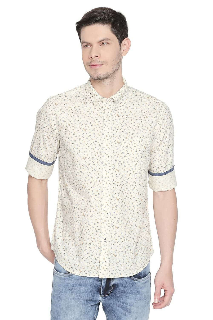BASICS SLIM FIT MIST YELLOW PRINTED SHIRT