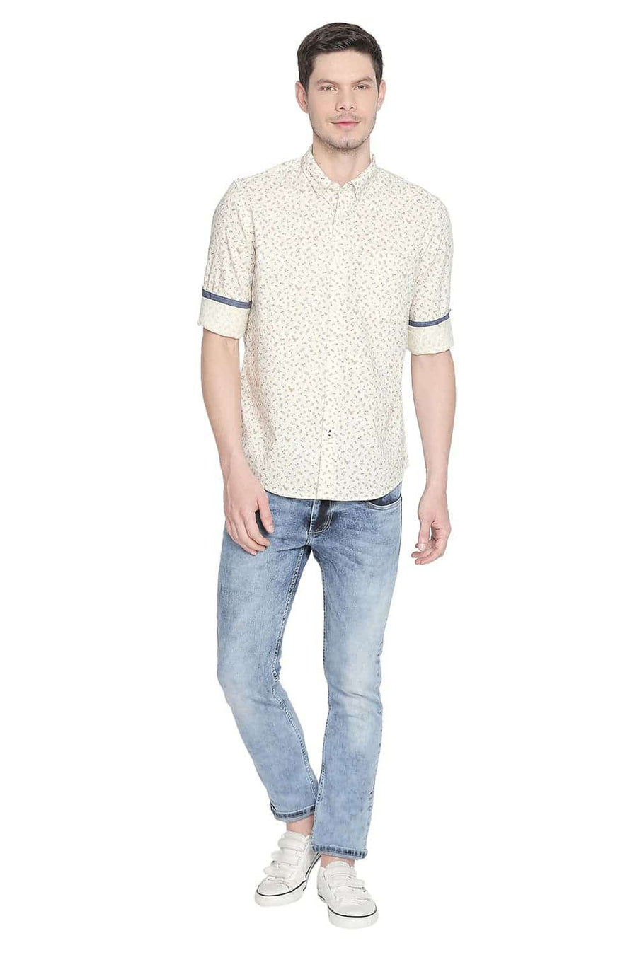 BASICS SLIM FIT MIST YELLOW PRINTED SHIRT