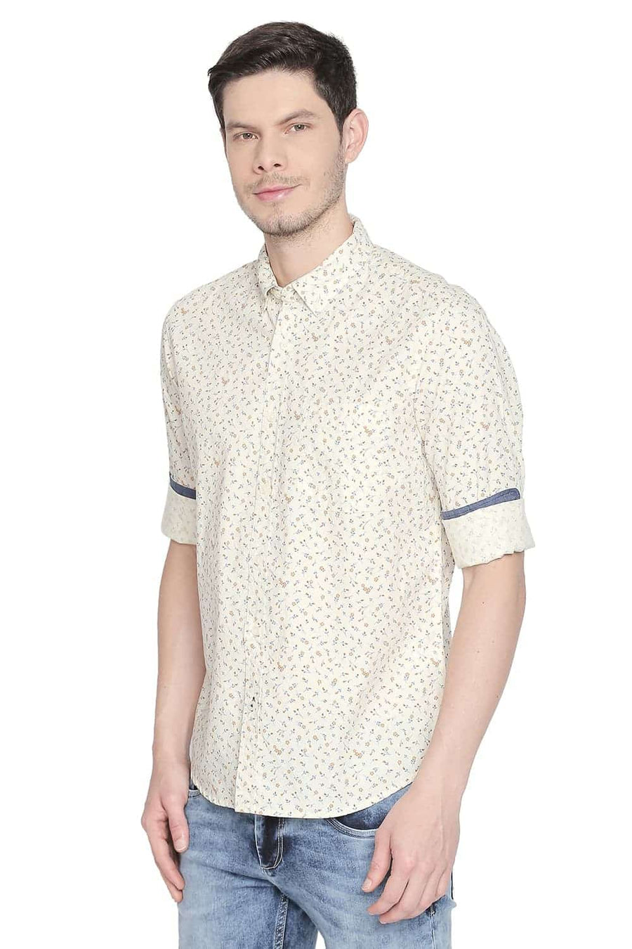 BASICS SLIM FIT MIST YELLOW PRINTED SHIRT