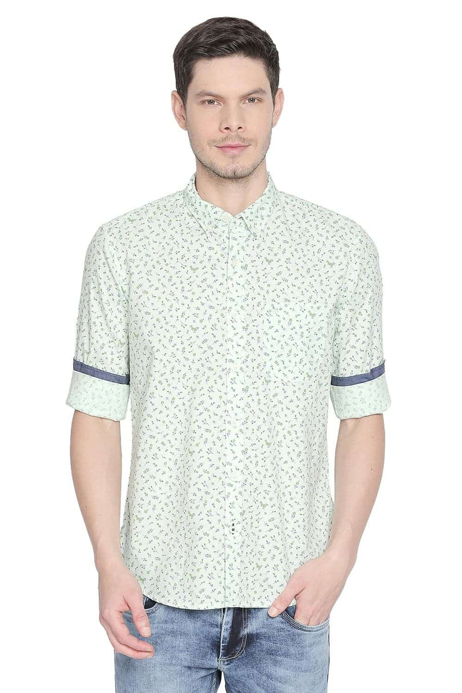 BASICS SLIM FIT PATINA GREEN PRINTED SHIRT