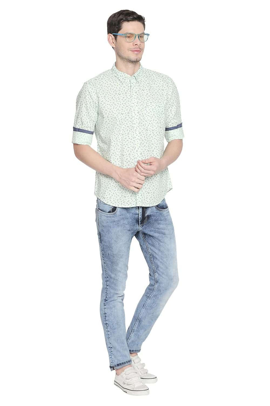 BASICS SLIM FIT PATINA GREEN PRINTED SHIRT