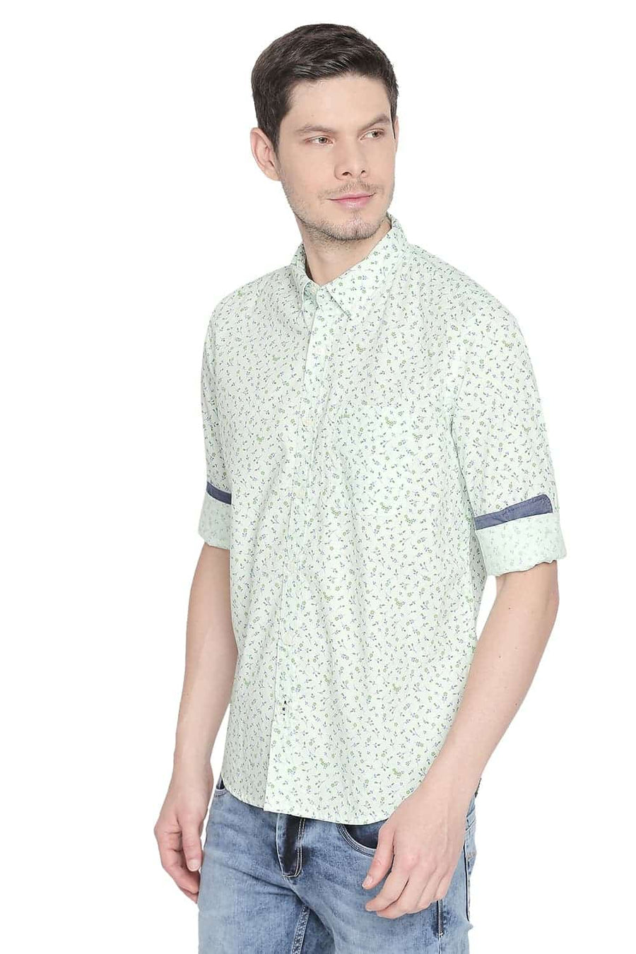 BASICS SLIM FIT PATINA GREEN PRINTED SHIRT