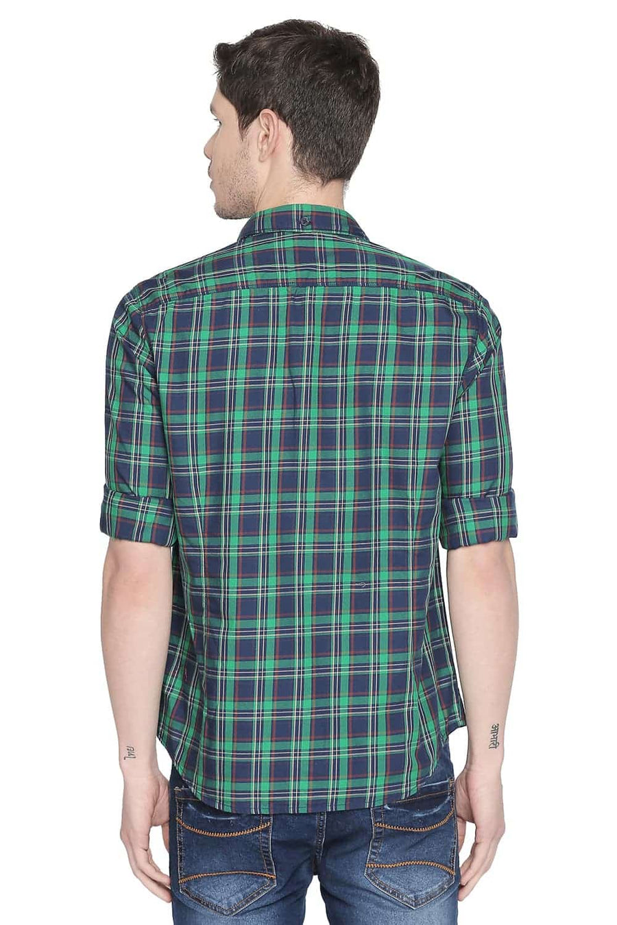 BASICS SLIM FIT KELLY GREEN TWILL CHECKS SHIRT