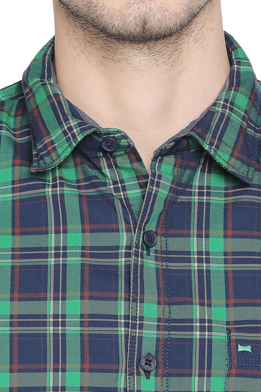 BASICS SLIM FIT KELLY GREEN TWILL CHECKS SHIRT