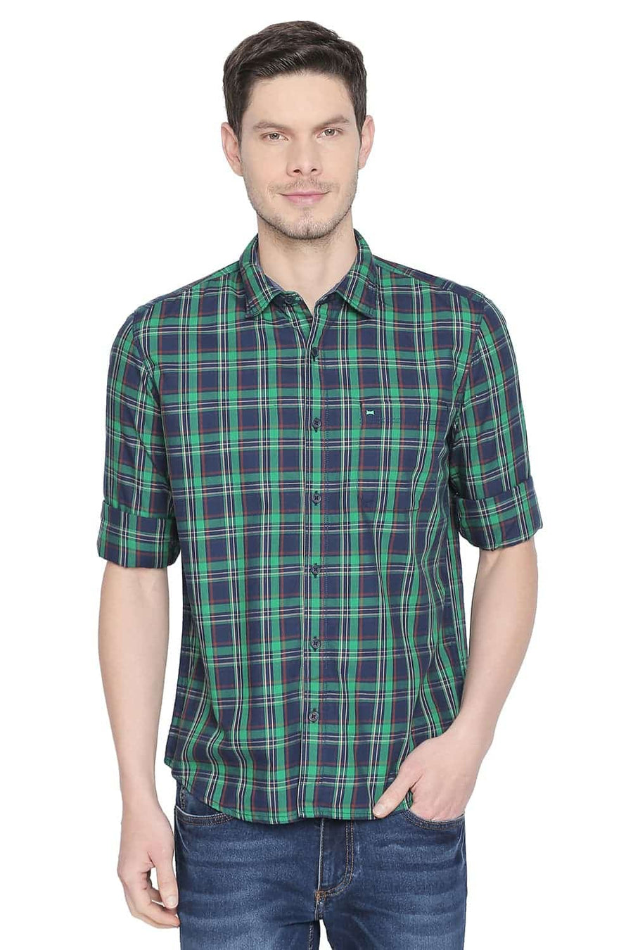 BASICS SLIM FIT KELLY GREEN TWILL CHECKS SHIRT