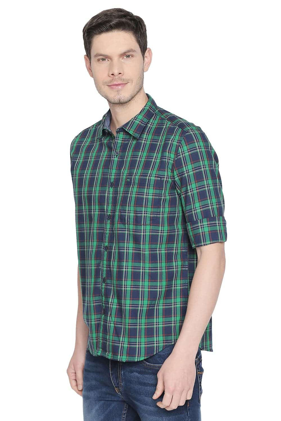 BASICS SLIM FIT KELLY GREEN TWILL CHECKS SHIRT