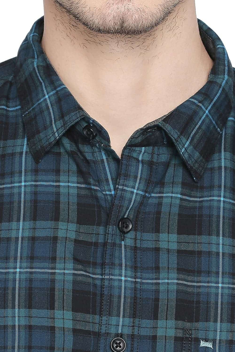BASICS SLIM FIT HORIZON BLUE CHECKS SHIRT