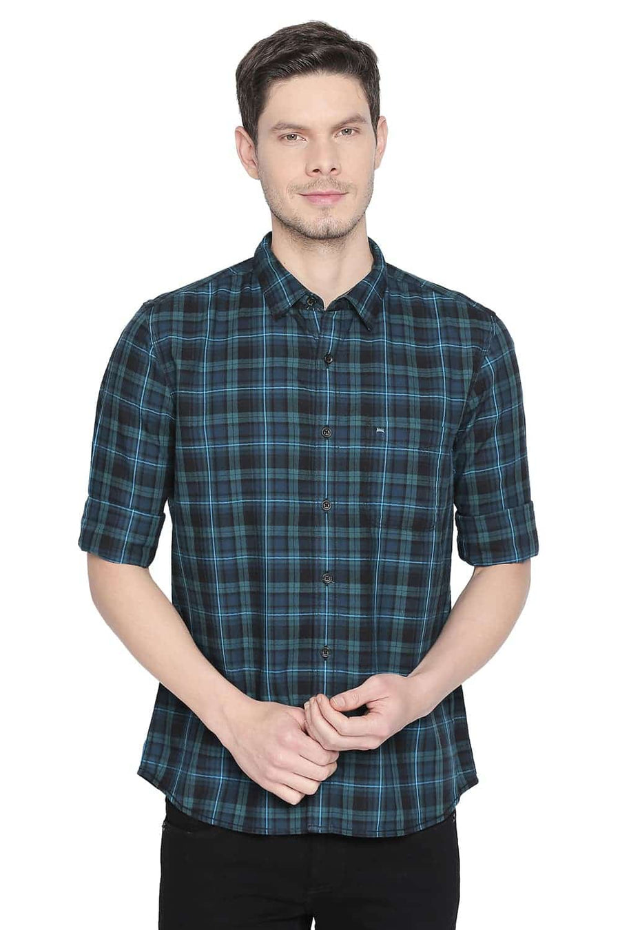 BASICS SLIM FIT HORIZON BLUE CHECKS SHIRT