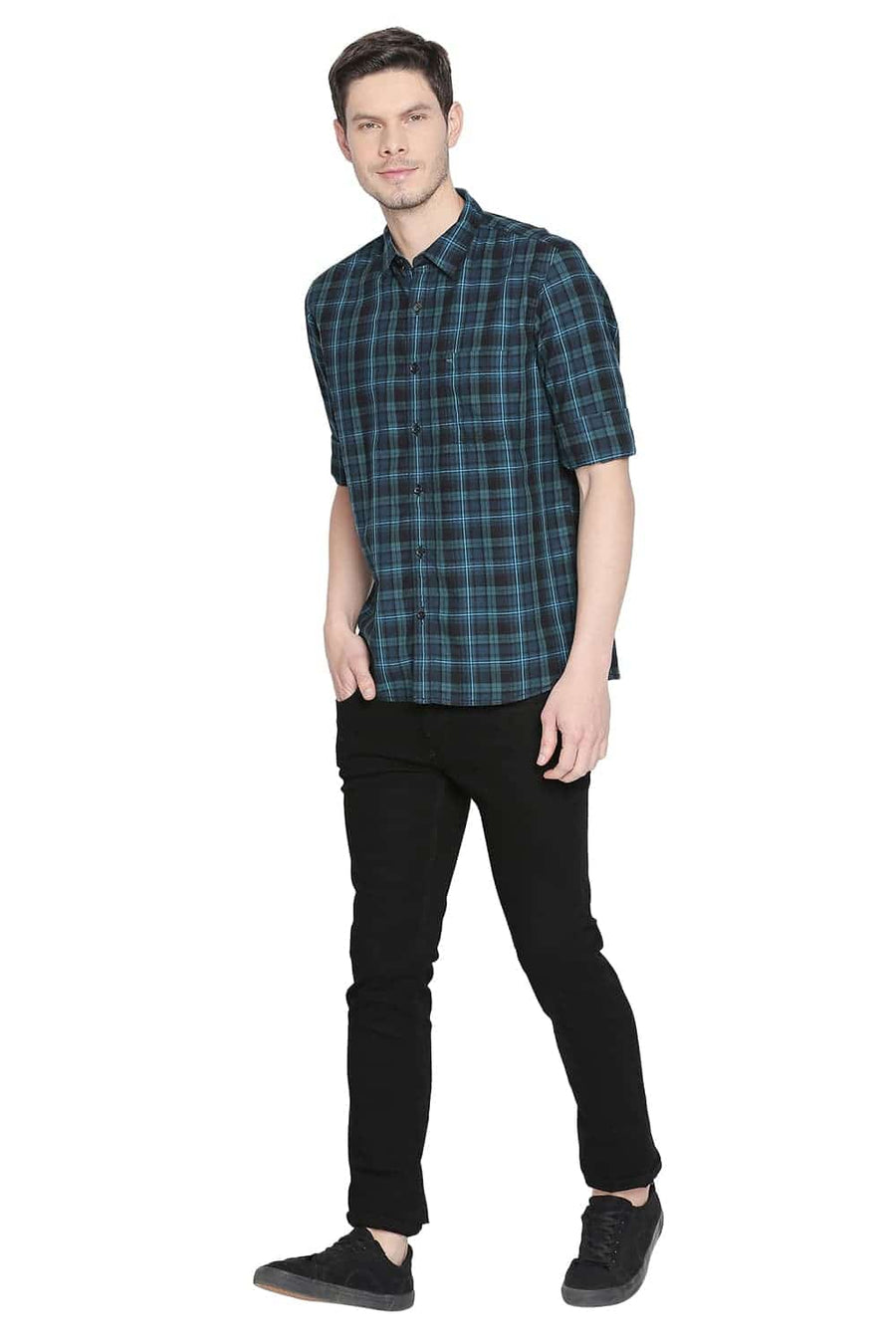 BASICS SLIM FIT HORIZON BLUE CHECKS SHIRT