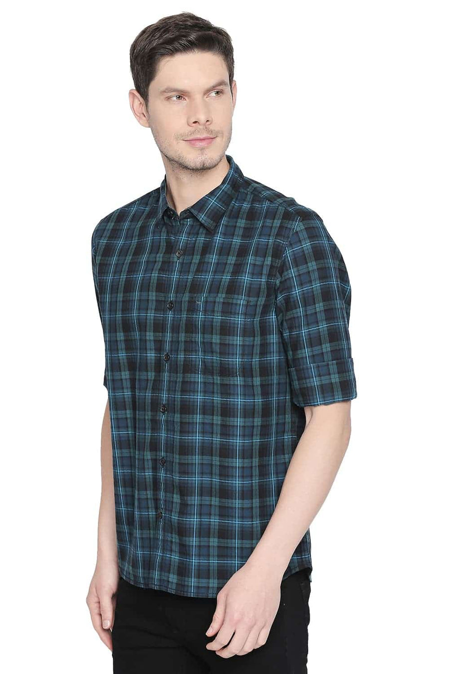BASICS SLIM FIT HORIZON BLUE CHECKS SHIRT