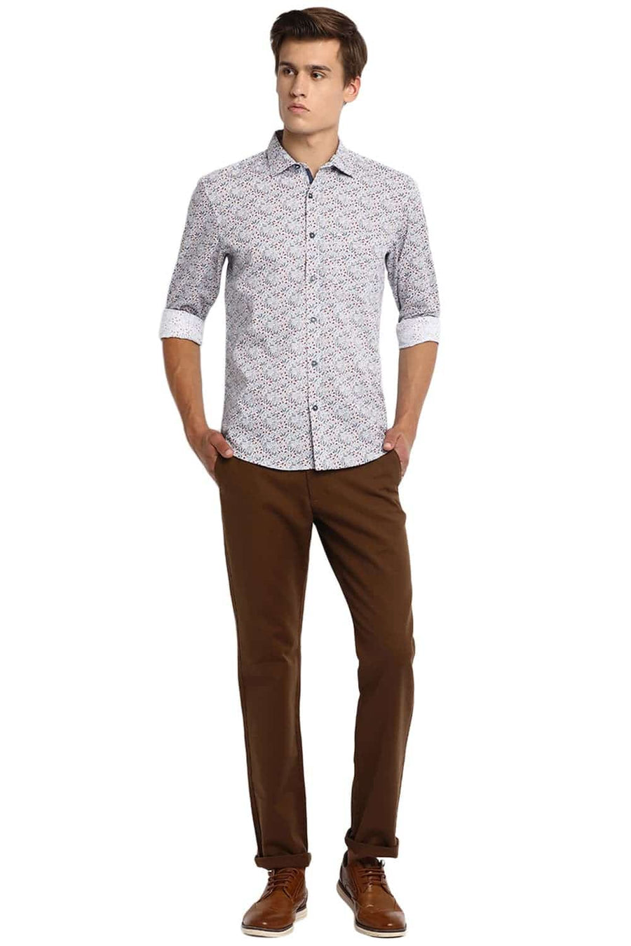 BASICS SLIM FIT SNOW WHITE PRINTED SHIRT