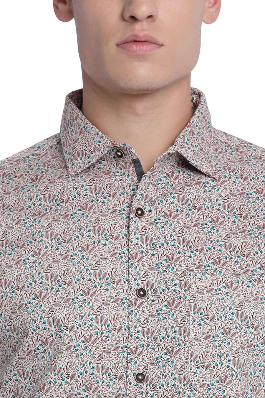 BASICS SLIM FIT SMOKE BEIGE PRINTED SHIRT