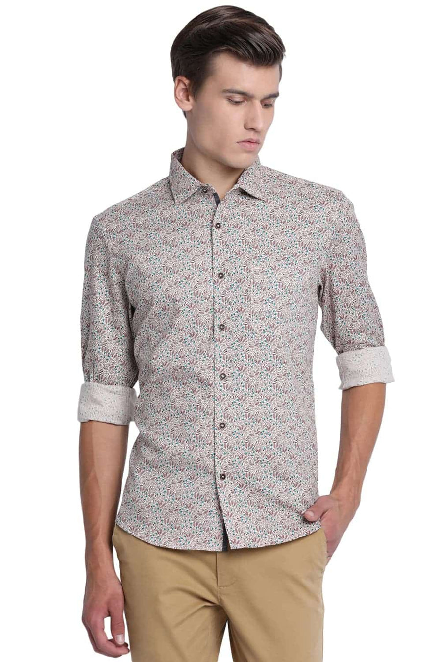 BASICS SLIM FIT SMOKE BEIGE PRINTED SHIRT