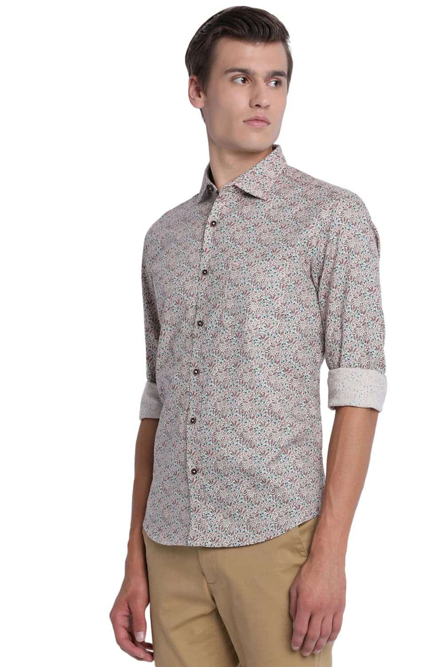 BASICS SLIM FIT SMOKE BEIGE PRINTED SHIRT