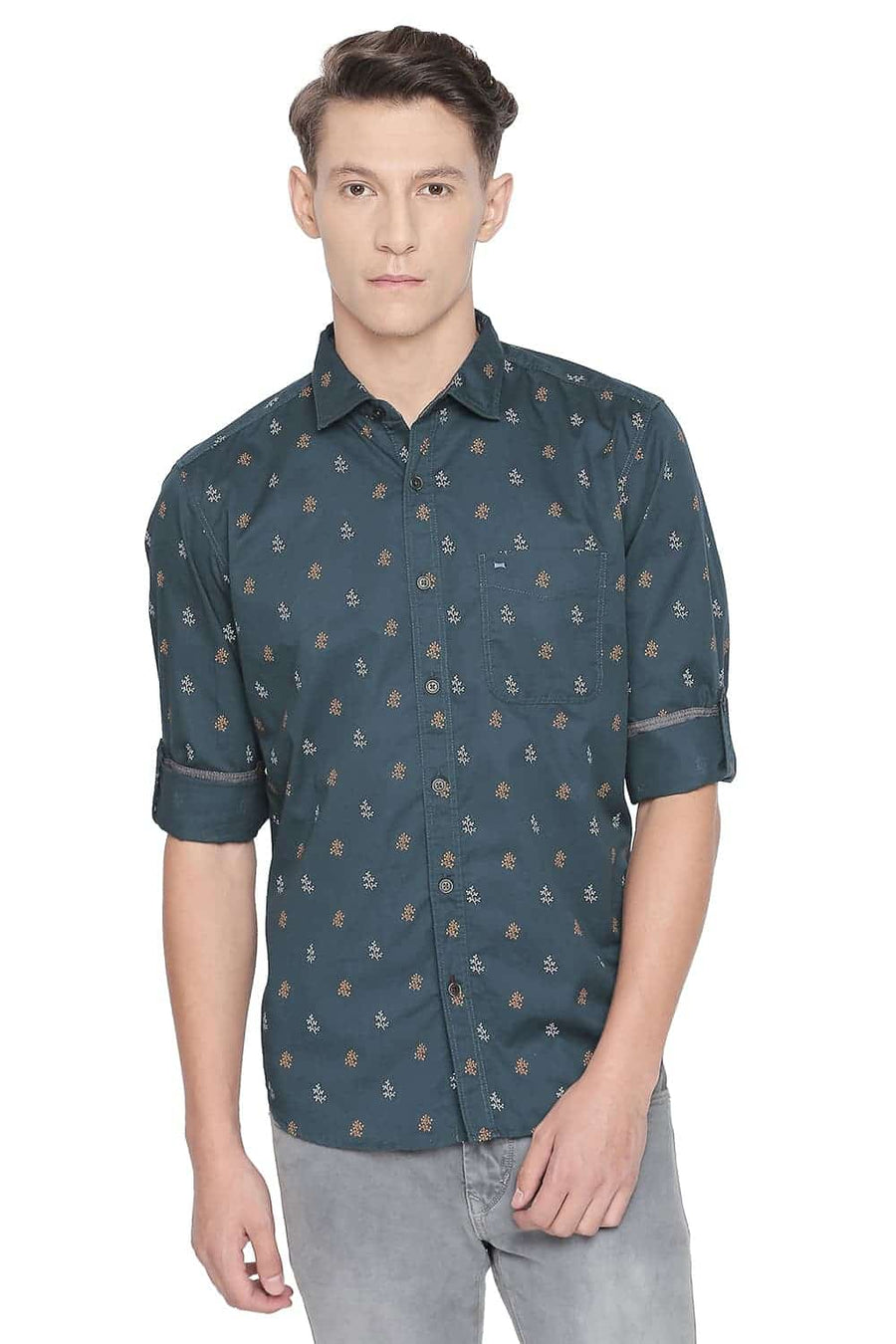 BASICS SLIM FIT SHADED GREEN PRINTED SHIRT