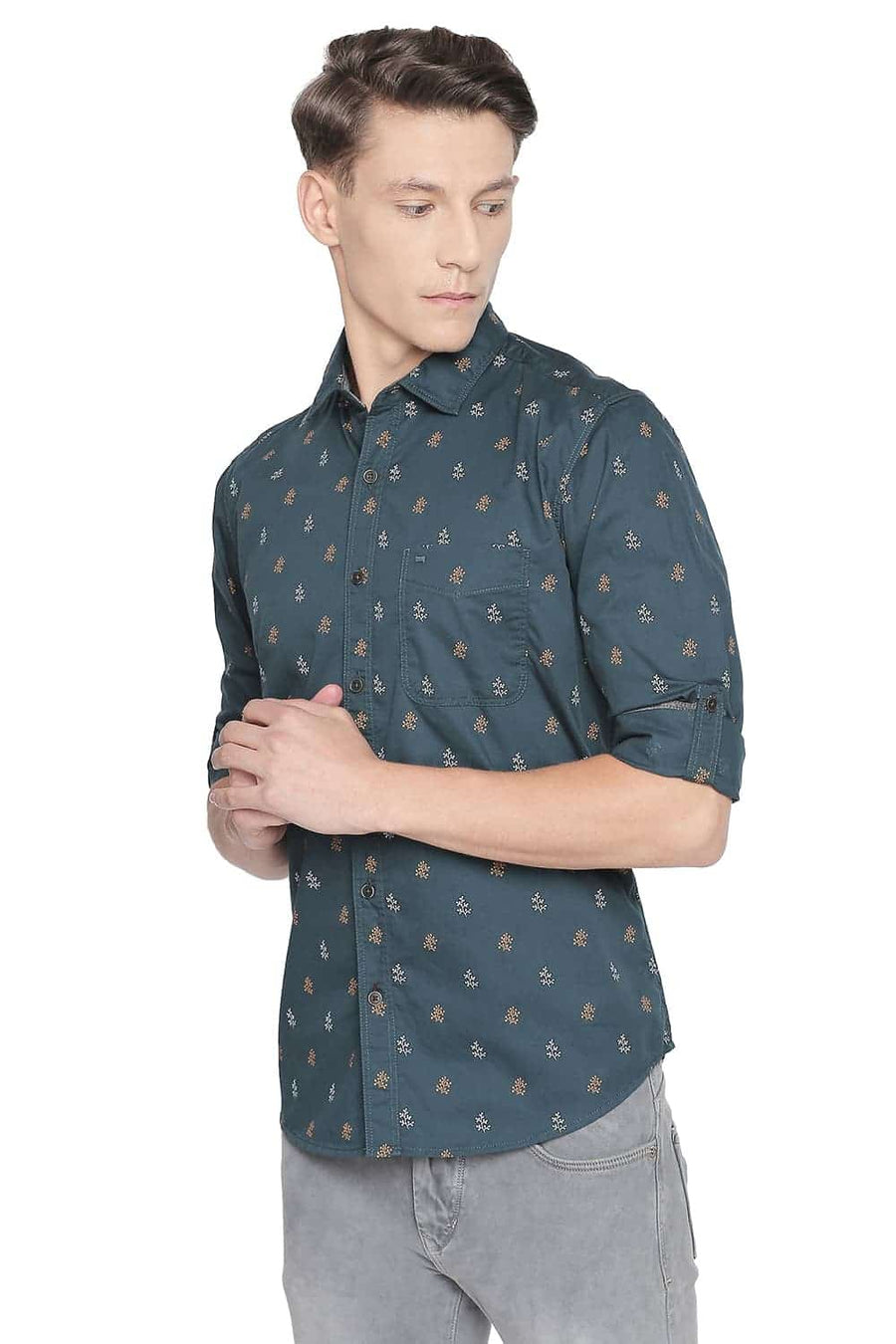 BASICS SLIM FIT SHADED GREEN PRINTED SHIRT
