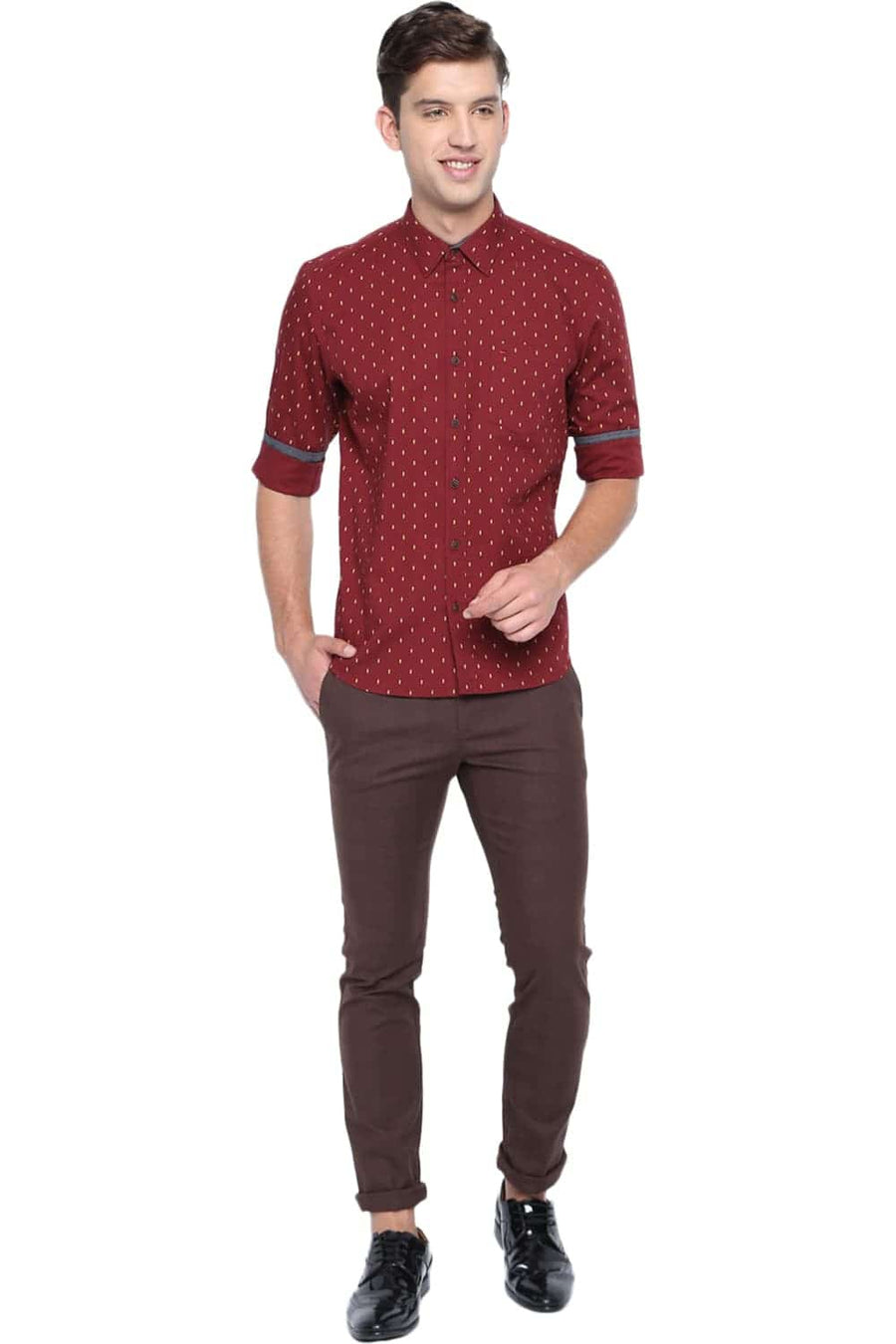 BASICS SLIM FIT TIBETAN RED PRINTED SHIRT