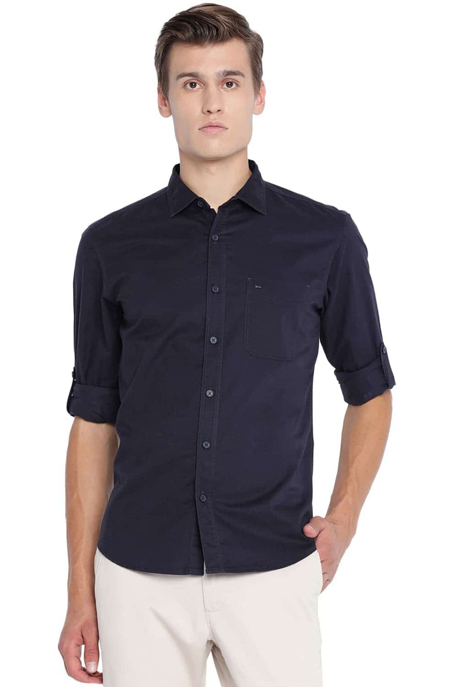 BASICS SLIM FIT CARBON NAVY TWILL SHIRT