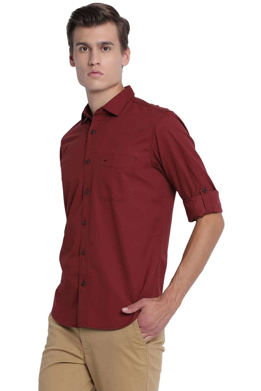 BASICS SLIM FIT CABERNET RED TWILL SHIRT