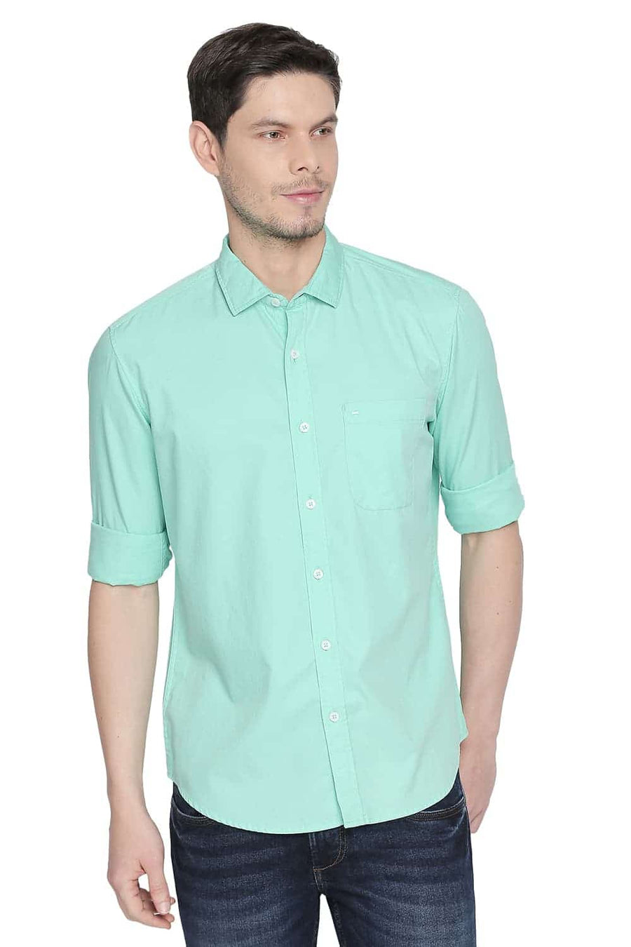 BASICS SLIM FIT OPAL GREEN STRUCTURE SHIRT