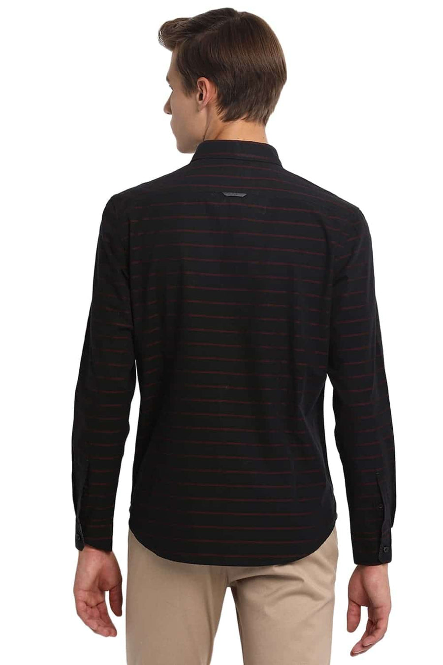 BASICS SLIM FIT CRIMSON RED WEFT STRIPES SHIRT