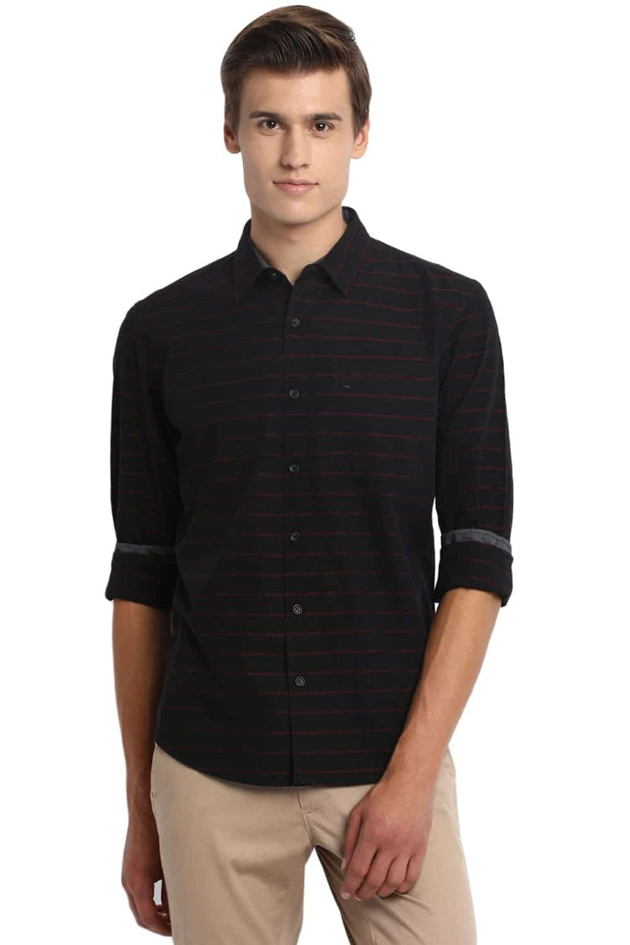BASICS SLIM FIT CRIMSON RED WEFT STRIPES SHIRT