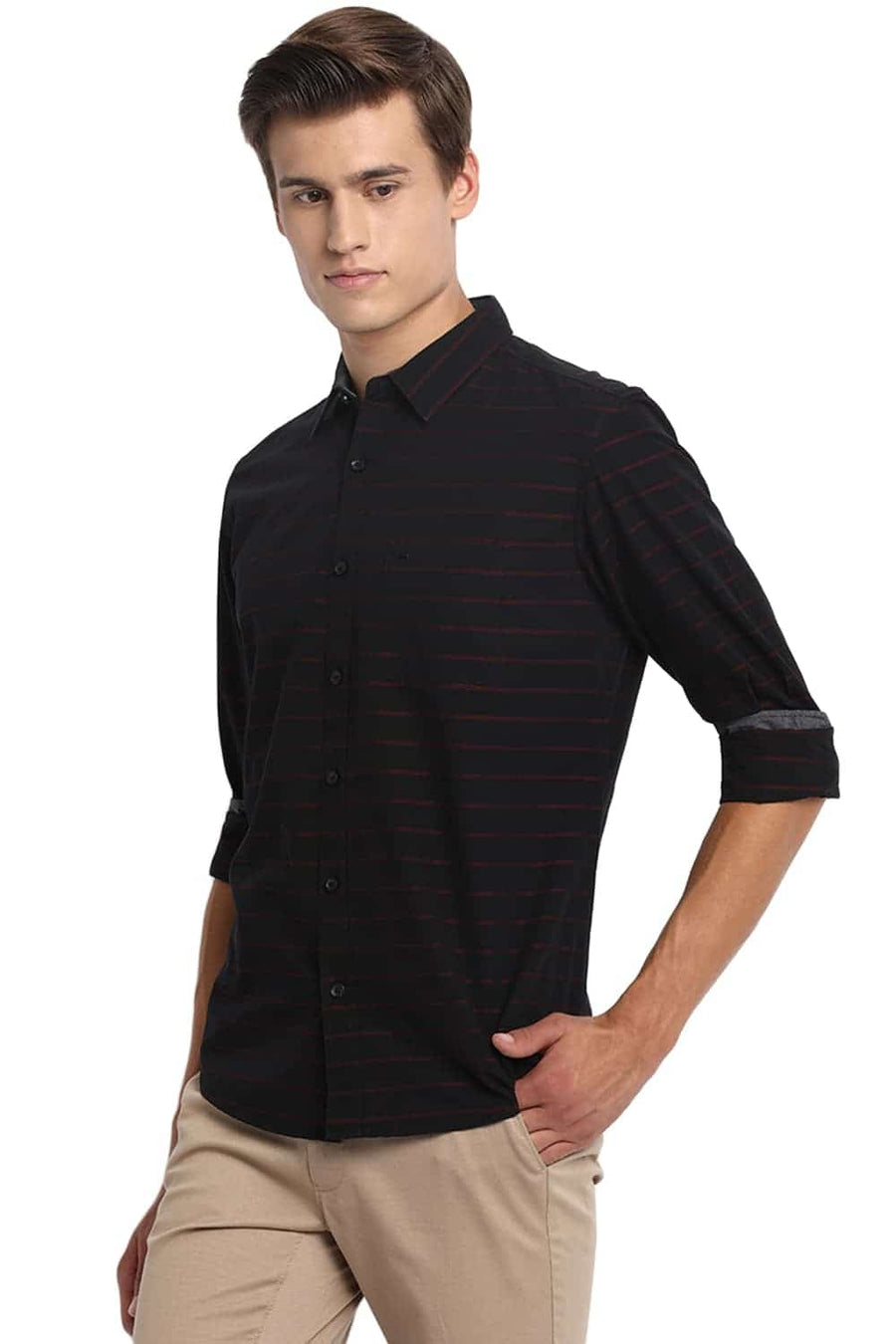 BASICS SLIM FIT CRIMSON RED WEFT STRIPES SHIRT