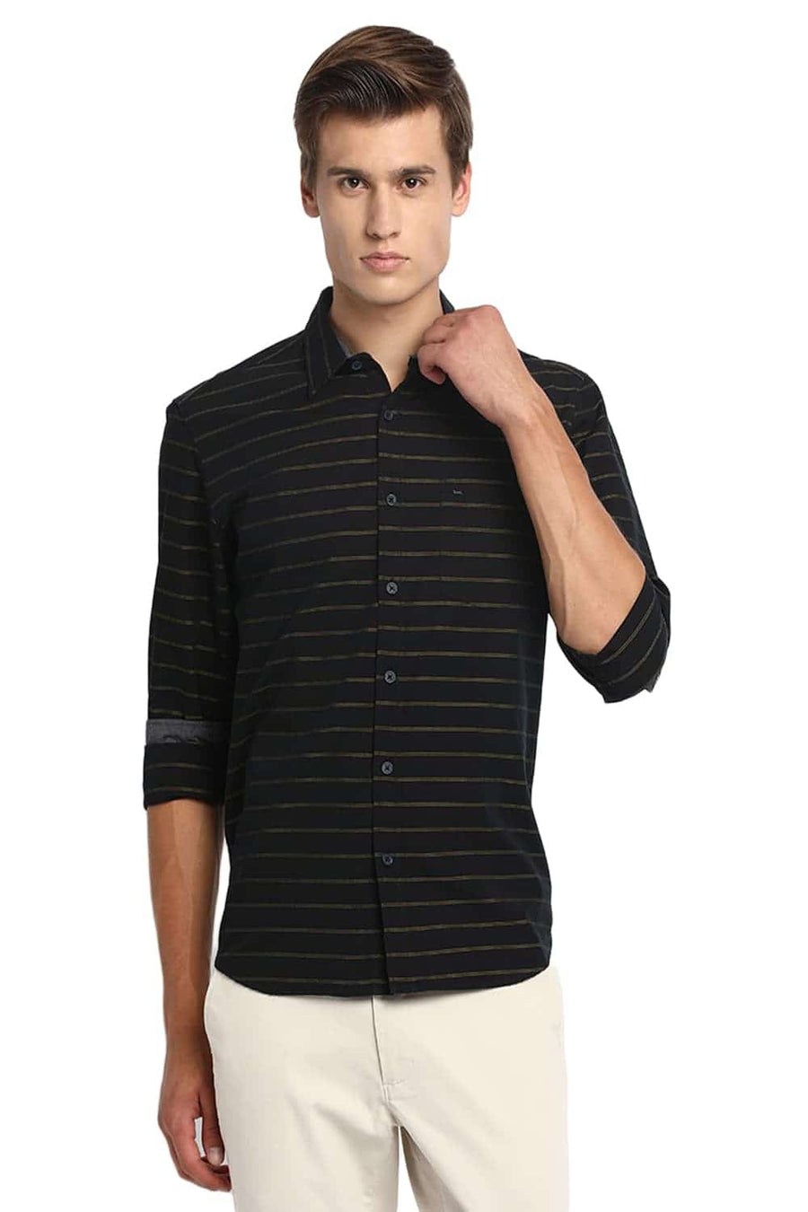 BASICS SLIM FIT LEMON YELLOW WEFT STRIPES SHIRT
