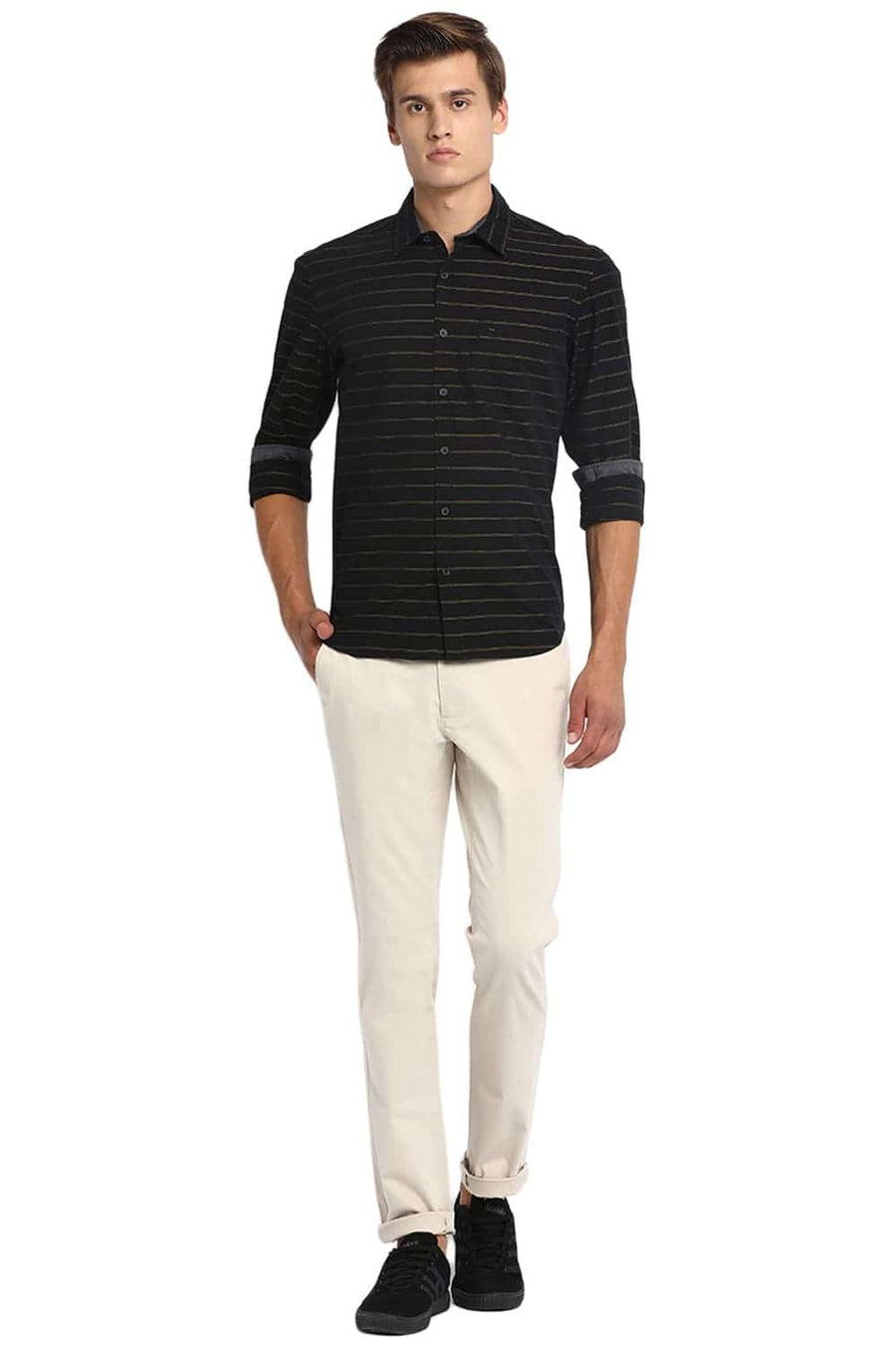 BASICS SLIM FIT LEMON YELLOW WEFT STRIPES SHIRT