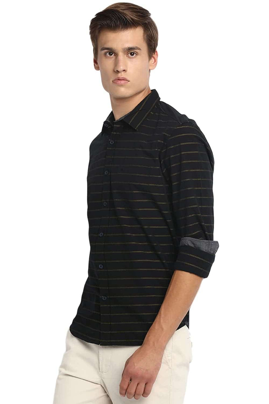 BASICS SLIM FIT LEMON YELLOW WEFT STRIPES SHIRT