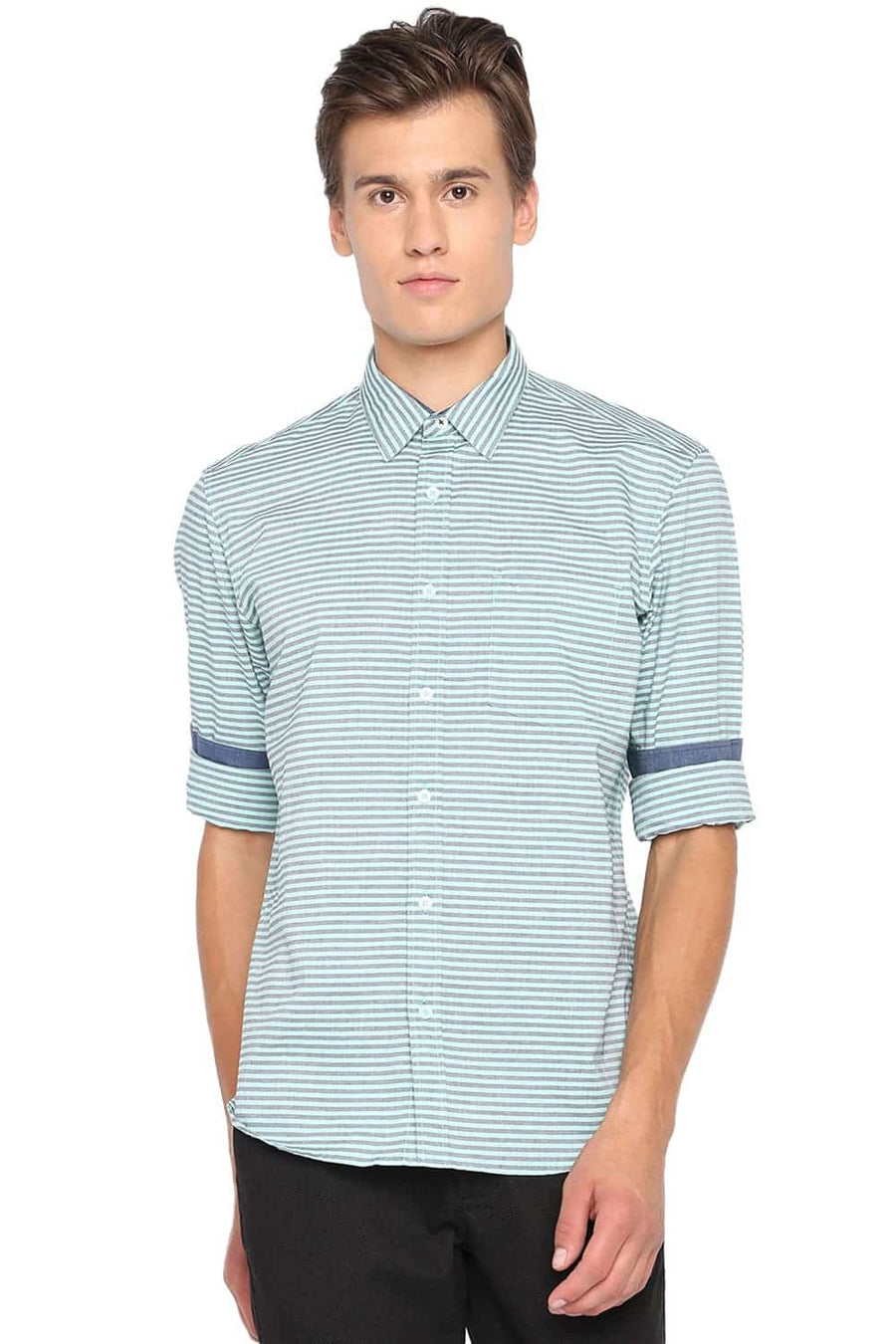 BASICS SLIM FIT MIST GREEN WEFT STRIPED SHIRT