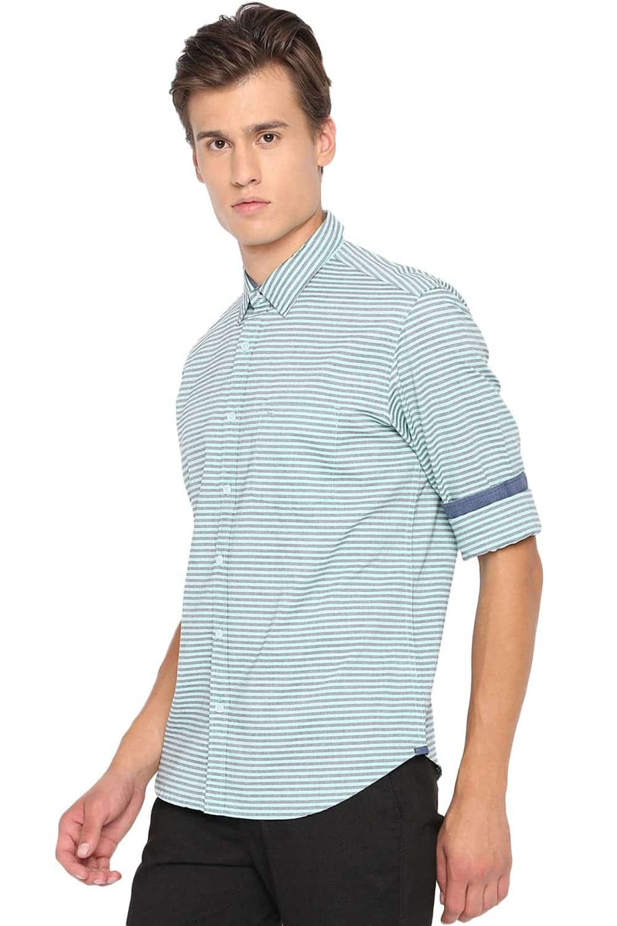 BASICS SLIM FIT MIST GREEN WEFT STRIPED SHIRT