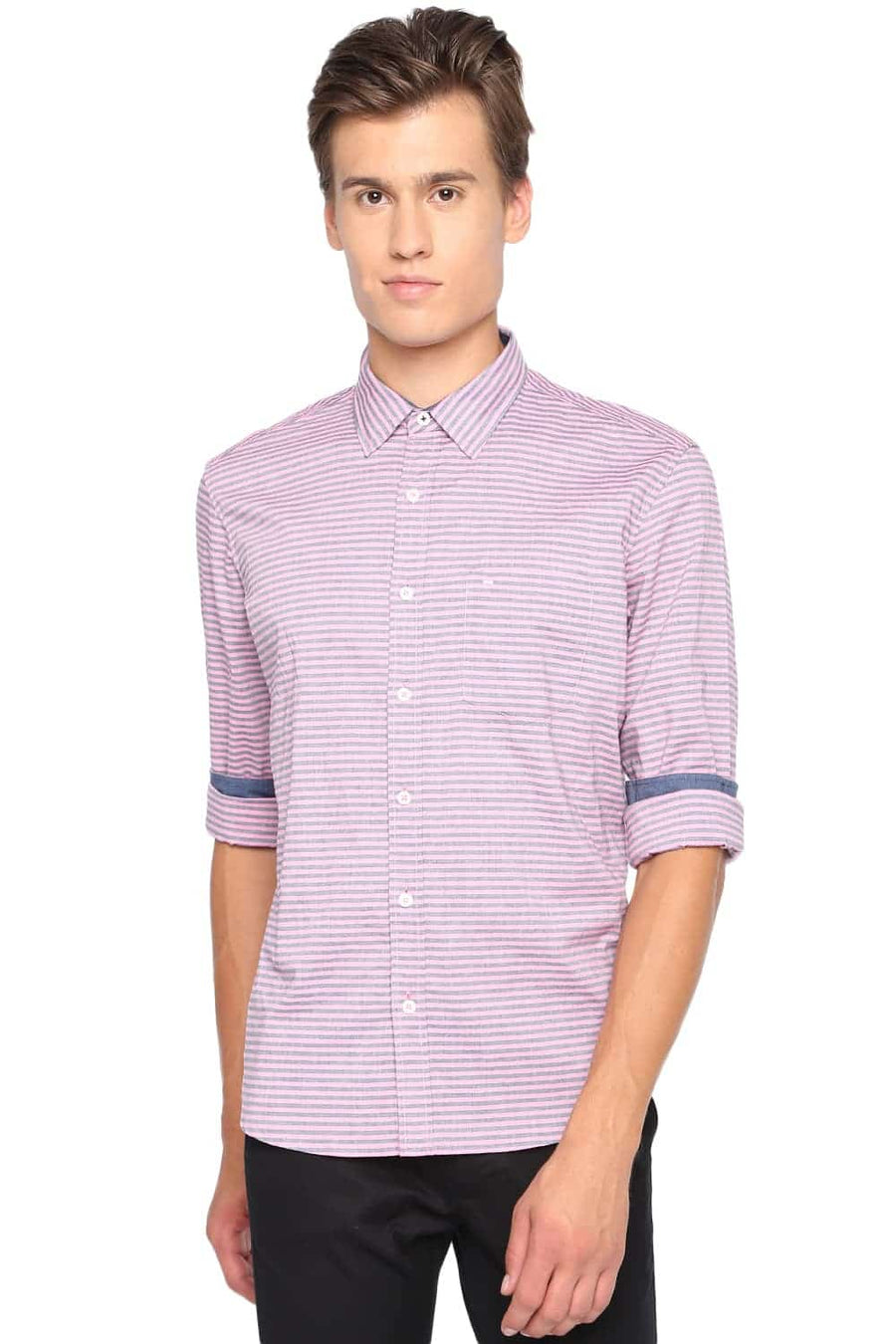 BASICS SLIM FIT QUARTZ PINK WEFT STRIPED SHIRT