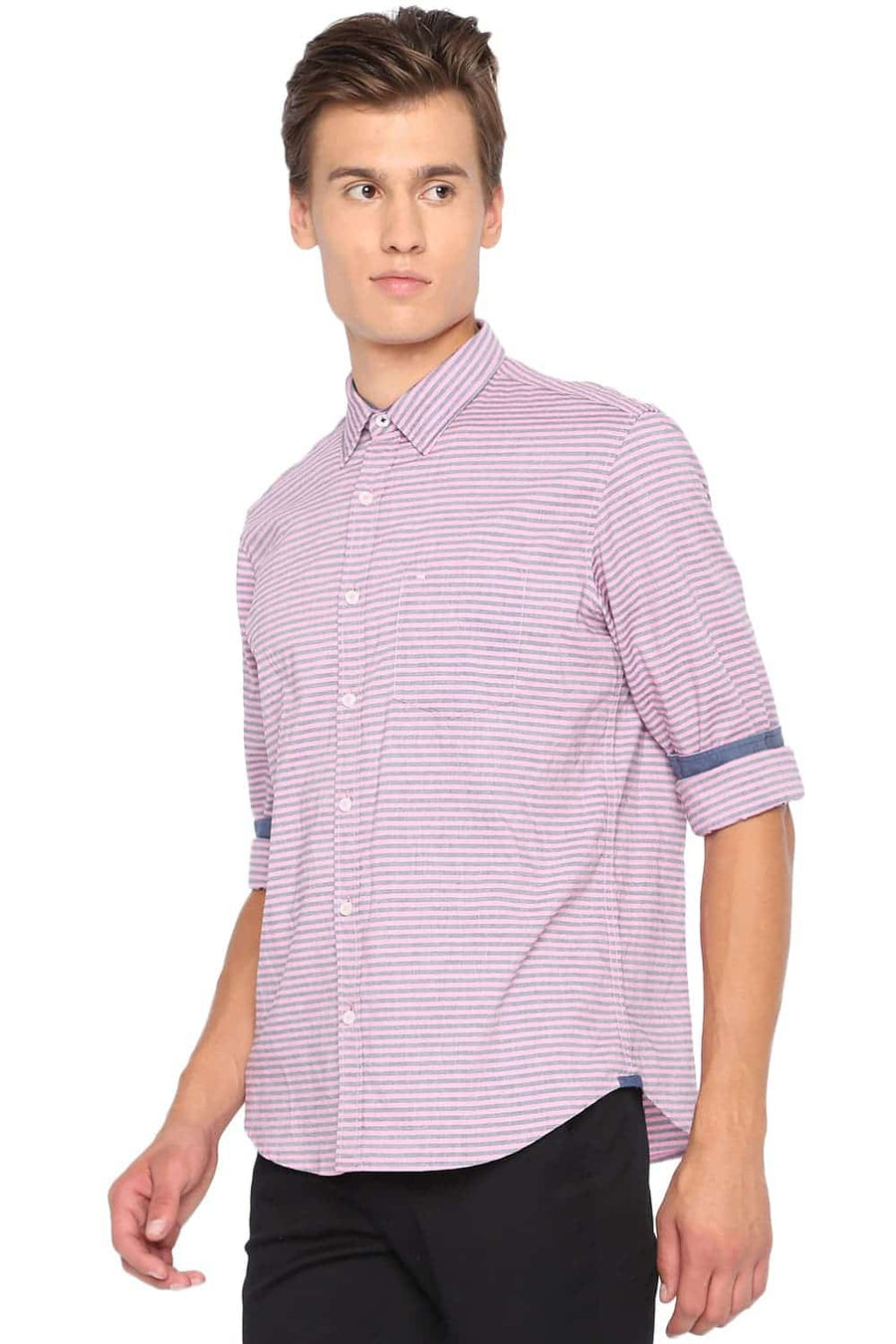 BASICS SLIM FIT QUARTZ PINK WEFT STRIPED SHIRT