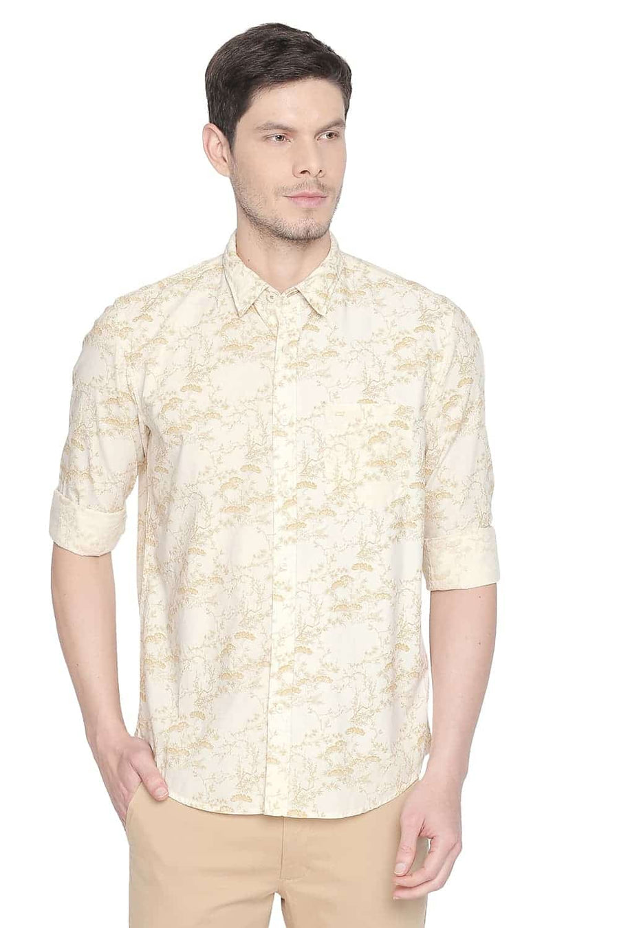 BASICS SLIM FIT JOJOBA YELLOW PRINTED SHIRT