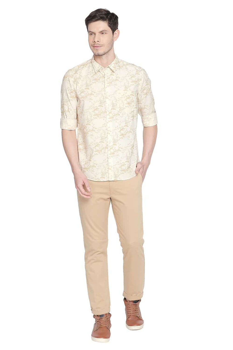 BASICS SLIM FIT JOJOBA YELLOW PRINTED SHIRT