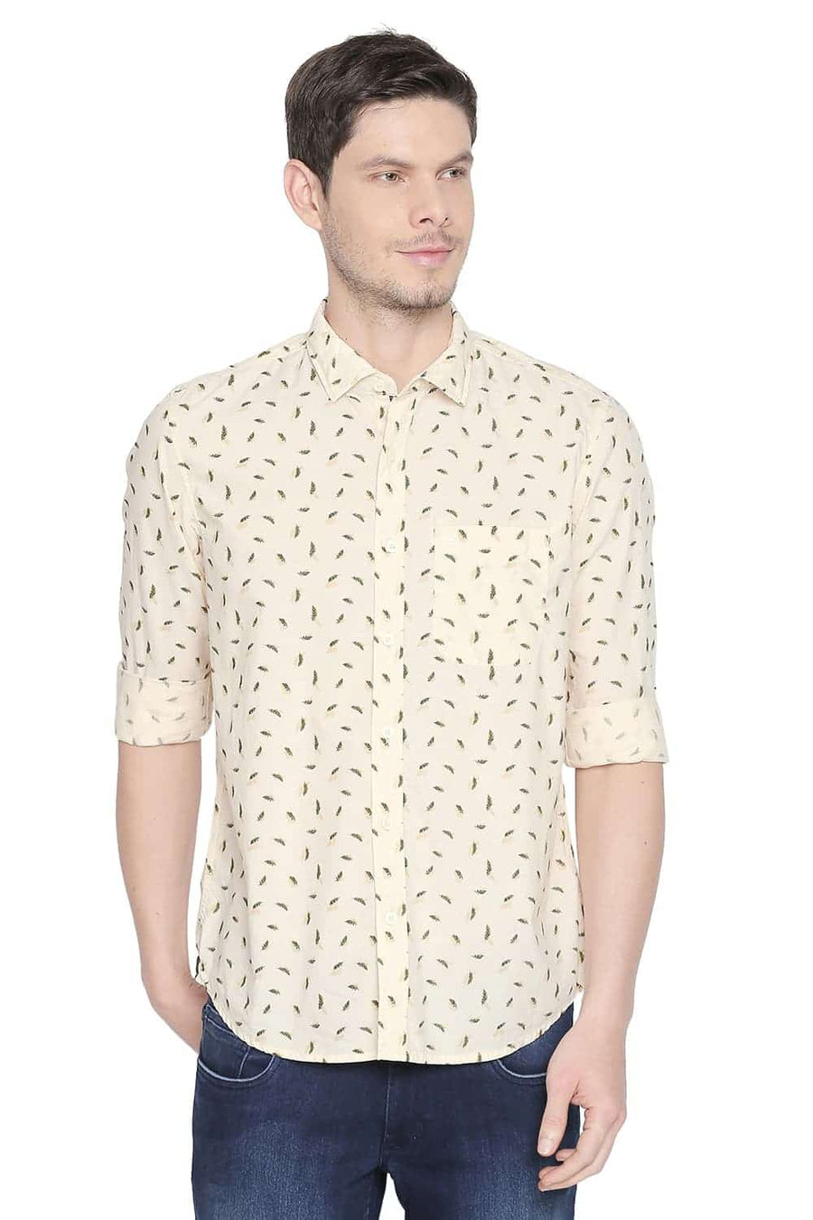 BASICS SLIM FIT DOUBLE CREAM PRINTED SHIRT
