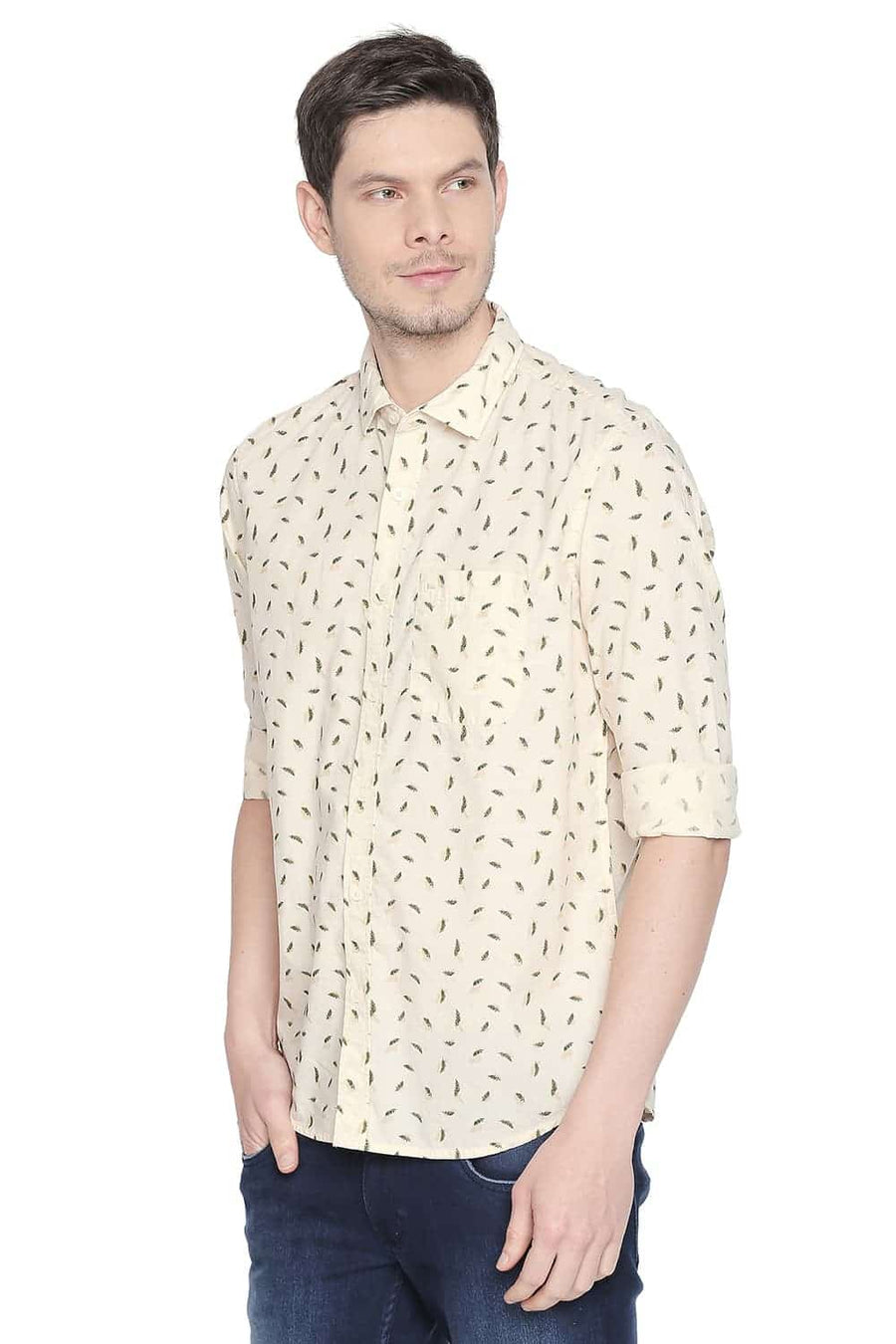 BASICS SLIM FIT DOUBLE CREAM PRINTED SHIRT
