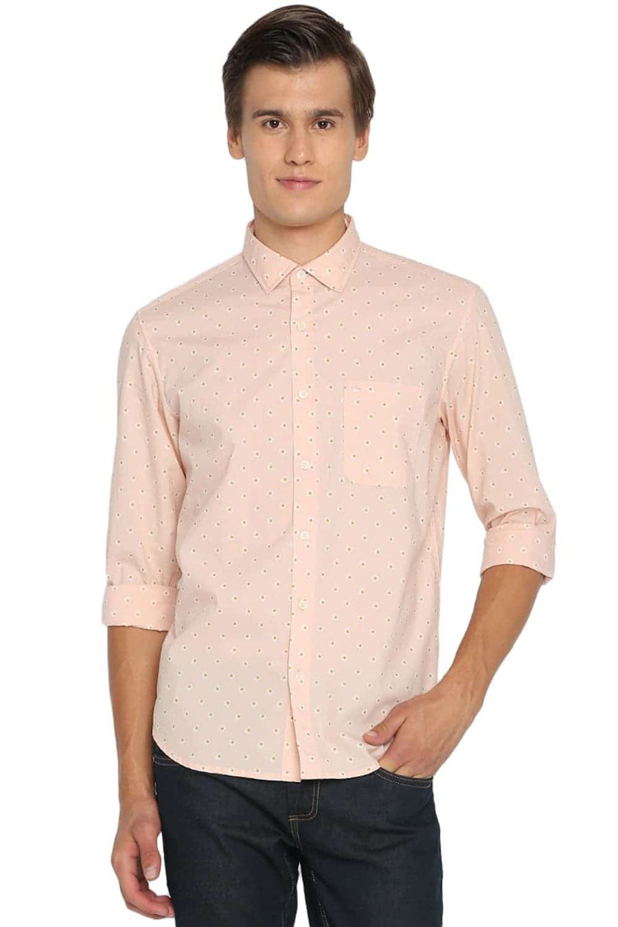 BASICS SLIM FIT PEACHY ORANGE PRINTED SHIRT