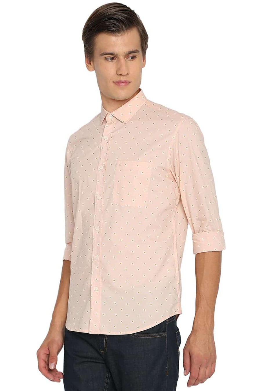 BASICS SLIM FIT PEACHY ORANGE PRINTED SHIRT