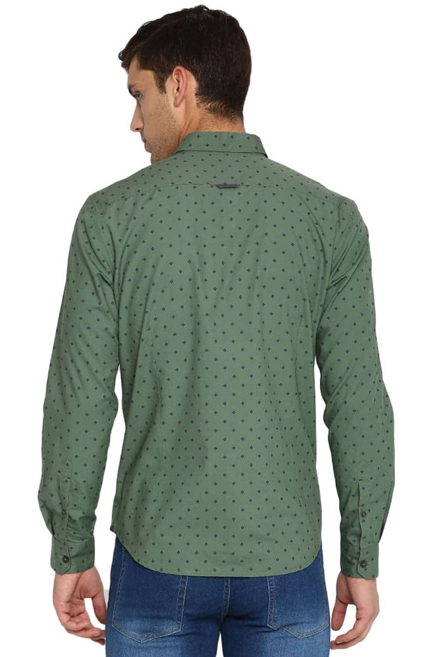 BASICS SLIM FIT HEDGE GREEN PRINTED SHIRT