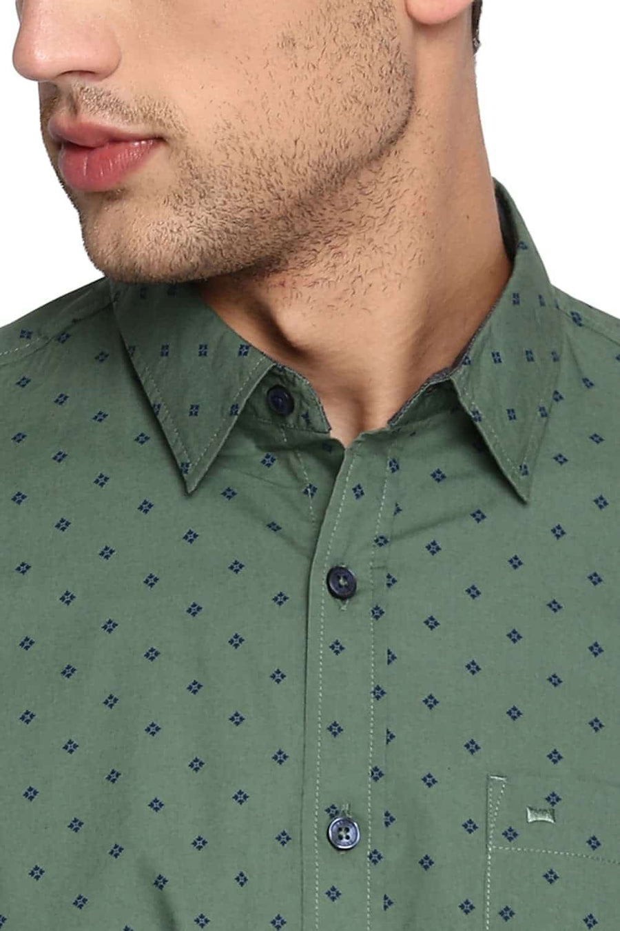 BASICS SLIM FIT HEDGE GREEN PRINTED SHIRT