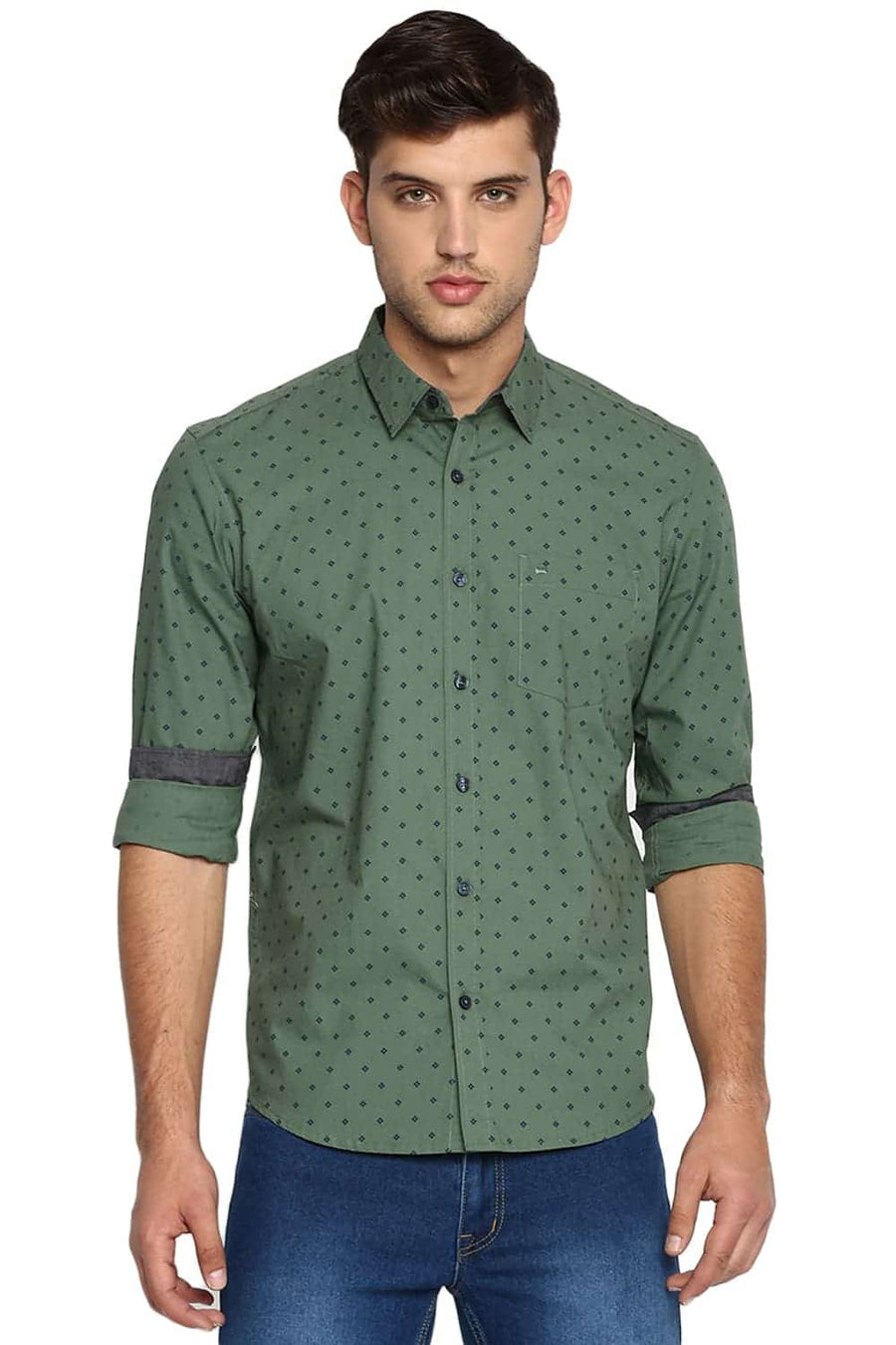 BASICS SLIM FIT HEDGE GREEN PRINTED SHIRT