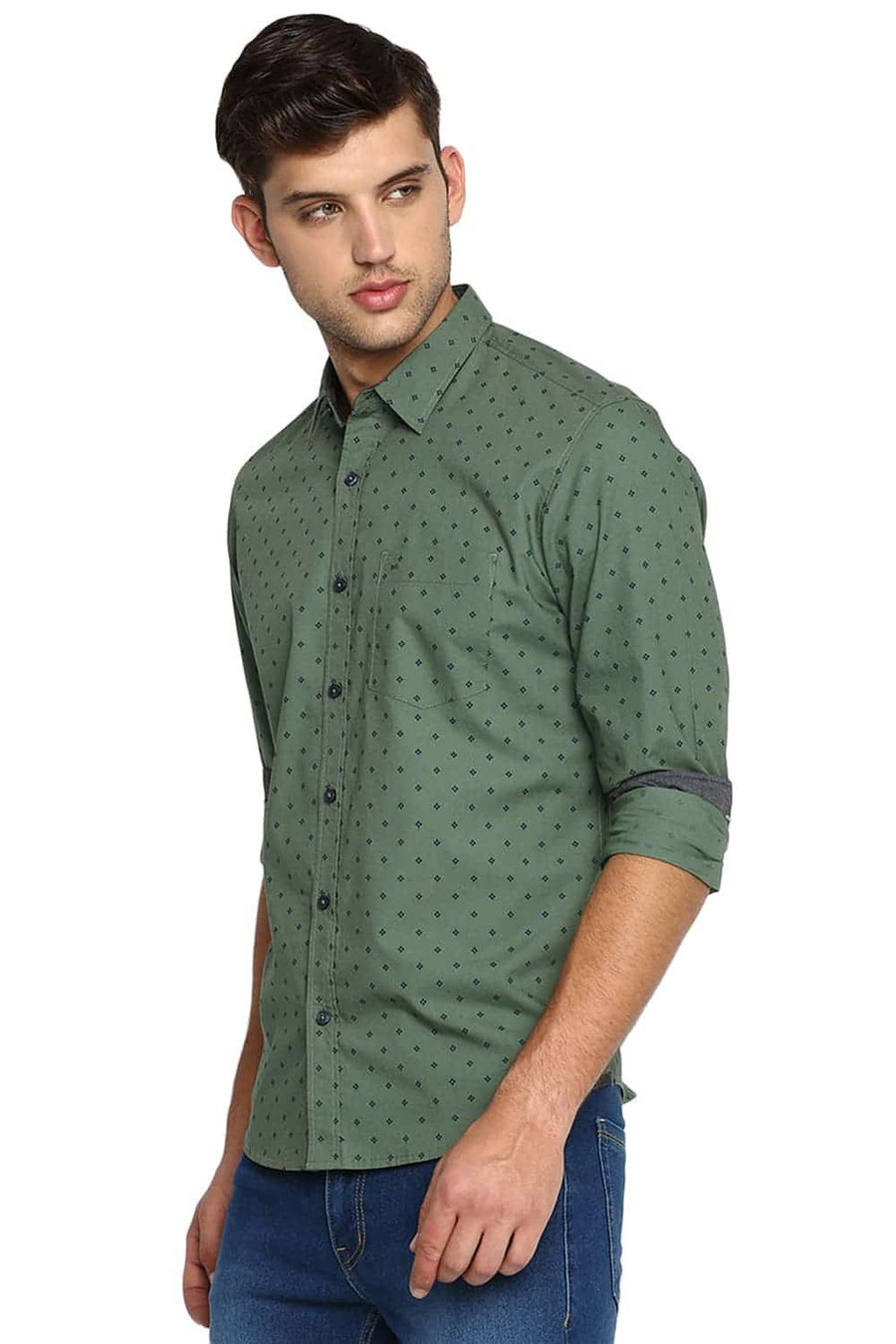 BASICS SLIM FIT HEDGE GREEN PRINTED SHIRT