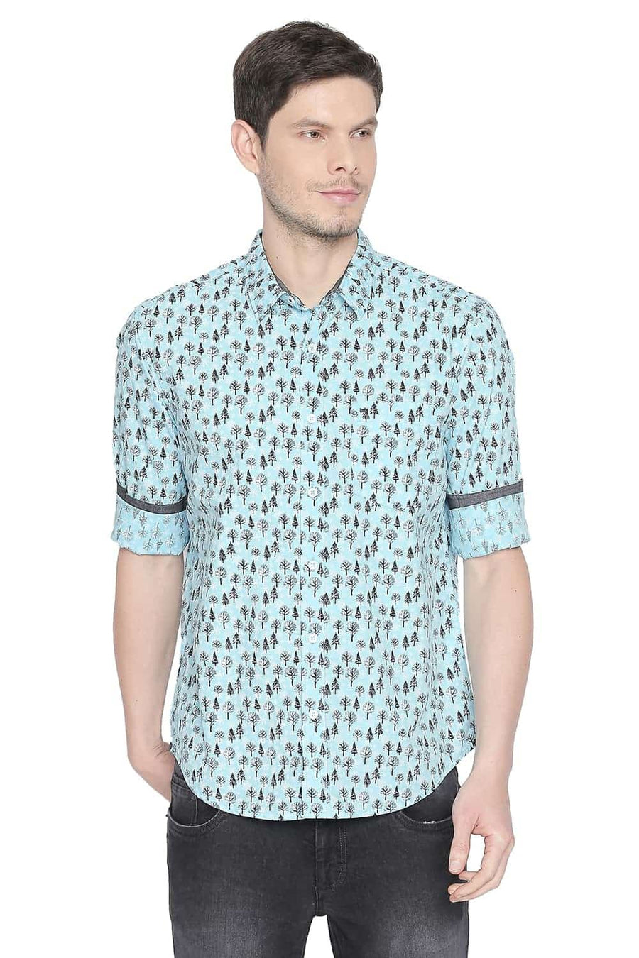 BASICS SLIM FIT BACHELOR BLUE PRINTED SHIRT