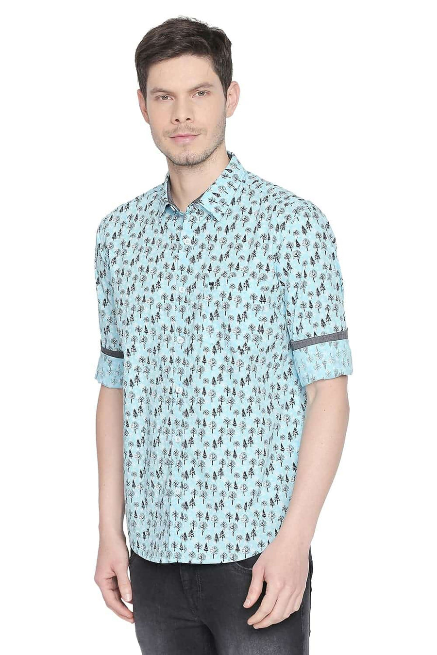 BASICS SLIM FIT BACHELOR BLUE PRINTED SHIRT